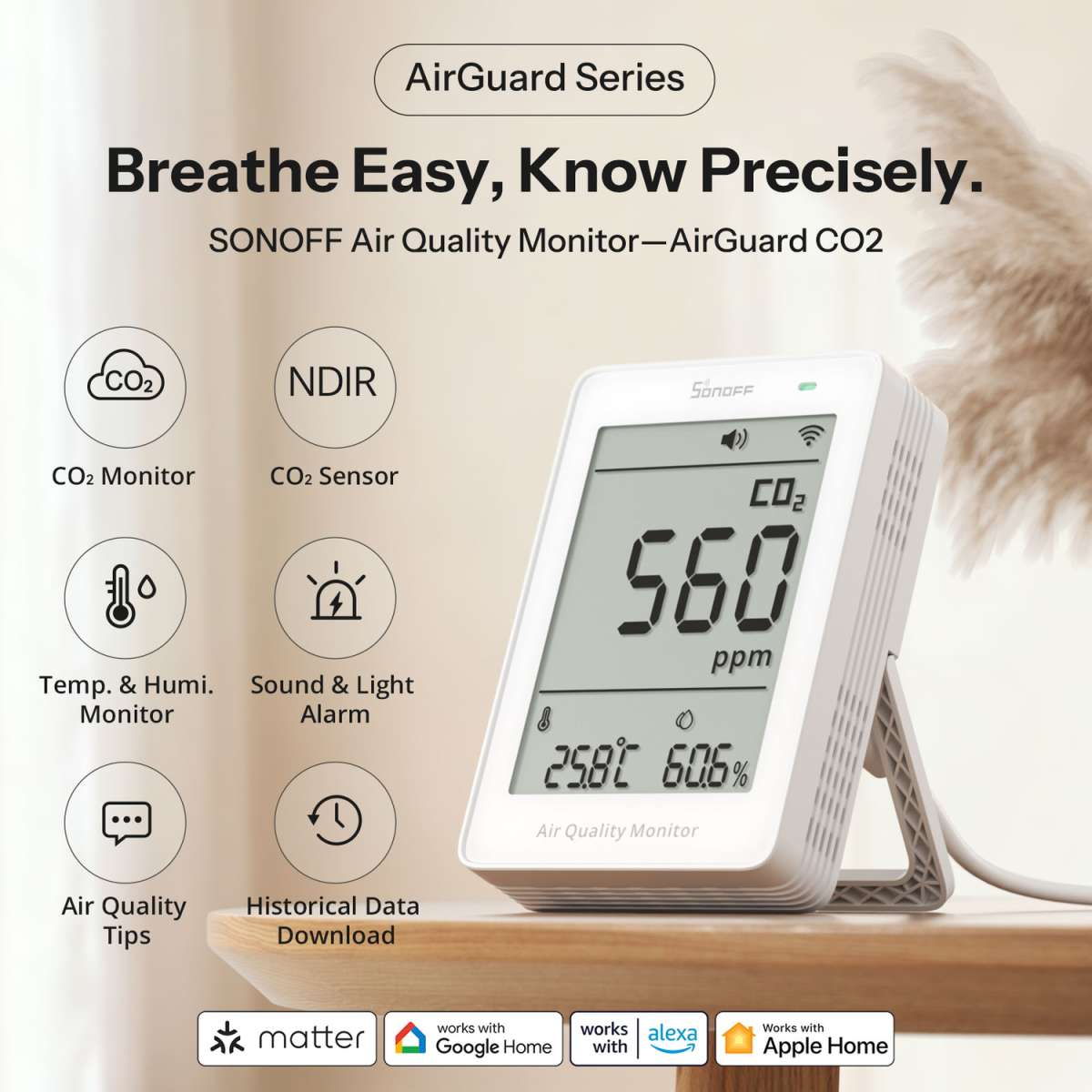 Matter Sonoff AirGuard CO2 Air Quality Monitor - SONLSAWF-08P - Vesternet