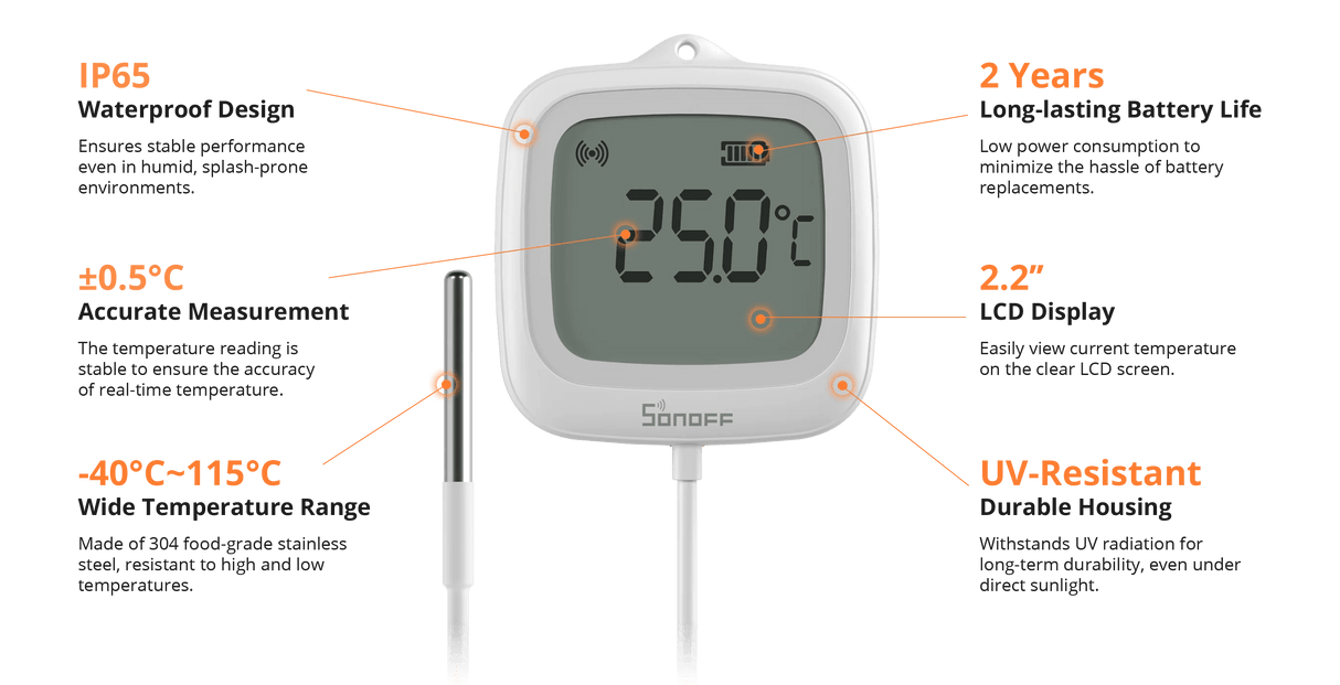 Zigbee Sonoff Outdoor LCD Smart Thermometer with Probe - SONZSNZB02LD - Vesternet