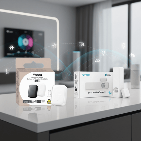 Zigbee Aqara Multi-State Sensor P100 Kit vs Z-Wave Aeotec Door Window Sensor 8: AI-Powered Multi-Detection vs Long-Range Magnetic Sensing